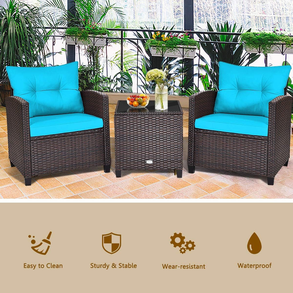 RELAX4LIFE 3 Piece Patio Furniture Set, Wicker Bistro Conversation Set w/ 2 Cushioned Armchairs & Glass Topped Table, Outdoor Rattan Sofa for Porch Balcony Poolside (Turquoise)