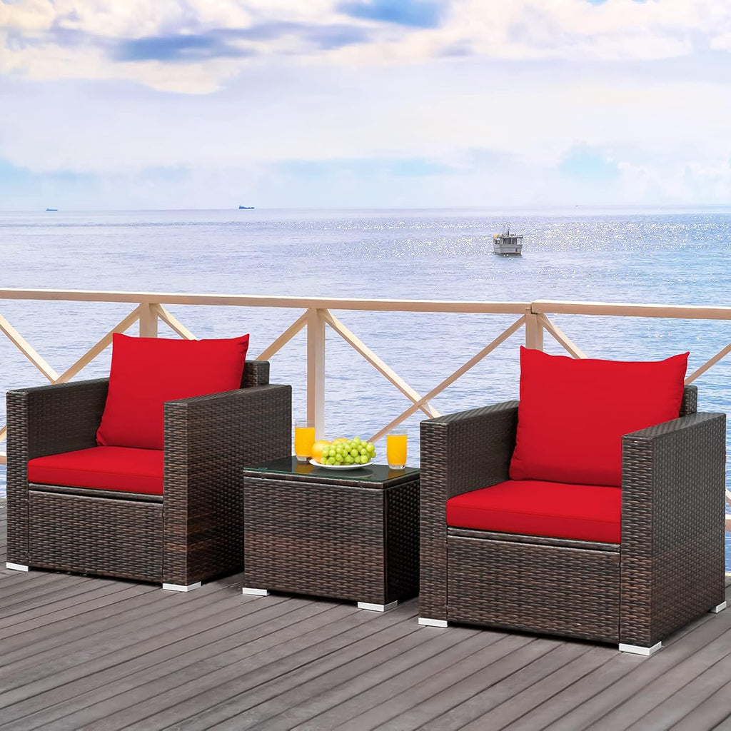 HAPPYGRILL 3 Piece Patio Furniture Set PE Rattan Wicker Sofa Set with Cushions and Coffee Table Outdoor Patio Conversation Set for Garden Poolside Balcony