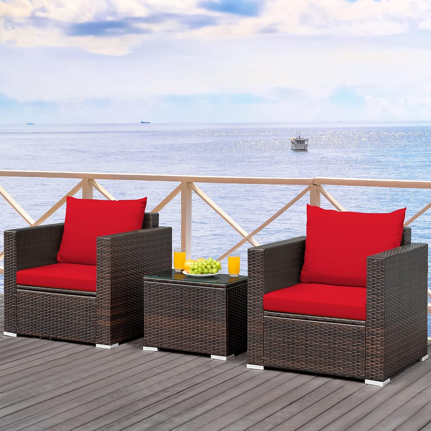 HAPPYGRILL 3 Piece Patio Furniture Set PE Rattan Wicker Sofa Set with Cushions and Coffee Table Outdoor Patio Conversation Set for Garden Poolside Balcony