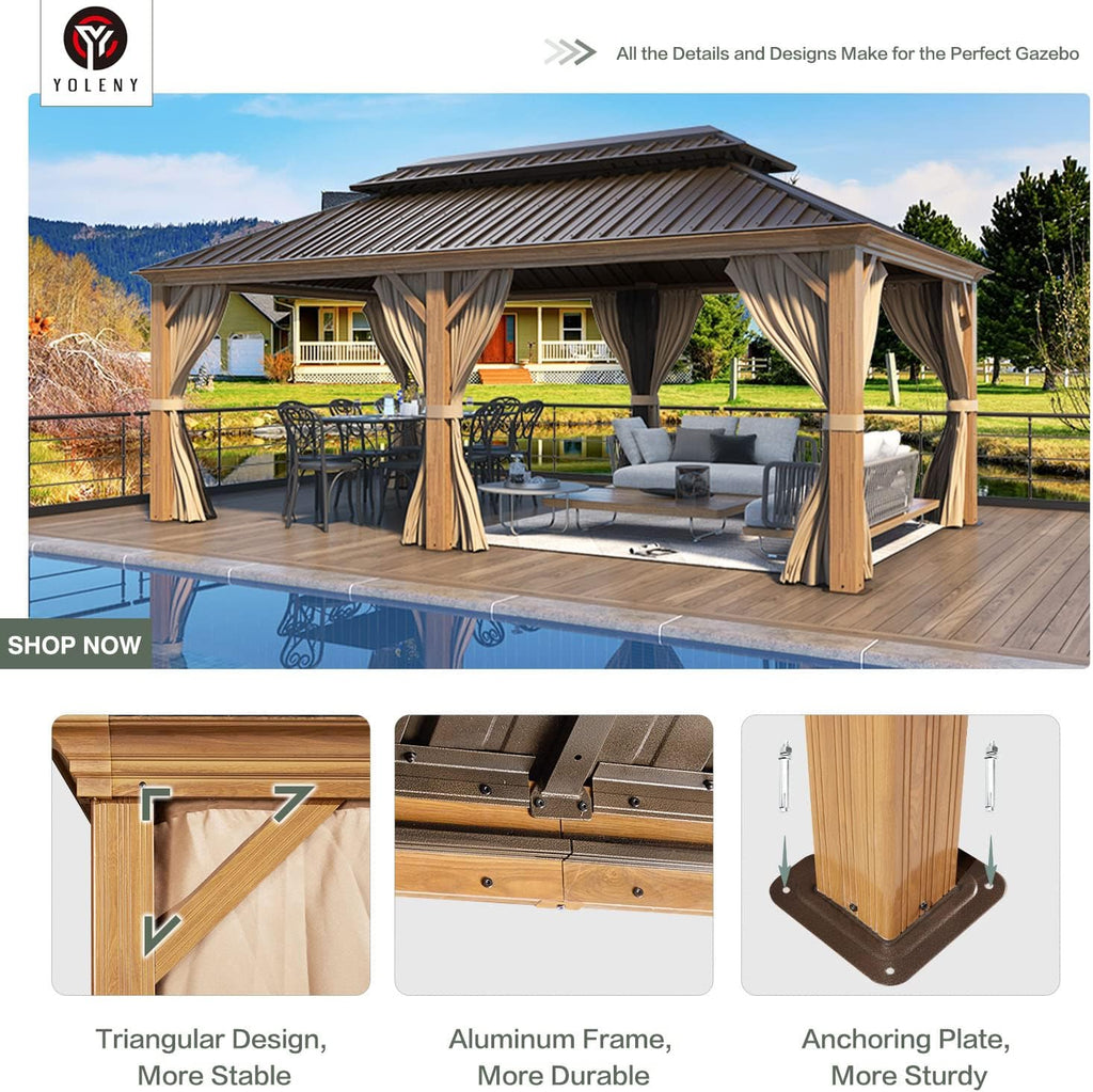 YOLENY 12' x 20' Hardtop Gazebo Wood Grain Pergola with Galvanized Steel Double Roof, Aluminum Frame, Outdoor Patio Gazebo with Netting and Curtains for Deck, Backyard, Patio and Lawns