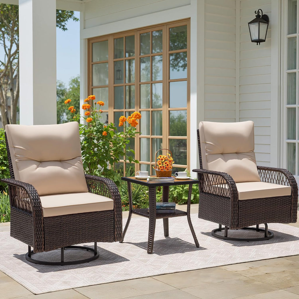Greesum 3-Piece Outdoor Swivel Rocker, Luxury Wicker Patio Furniture Set with Rattan Side Table&Thick Detachable Cushions for Deck Lawn Poolside Brown/Beige