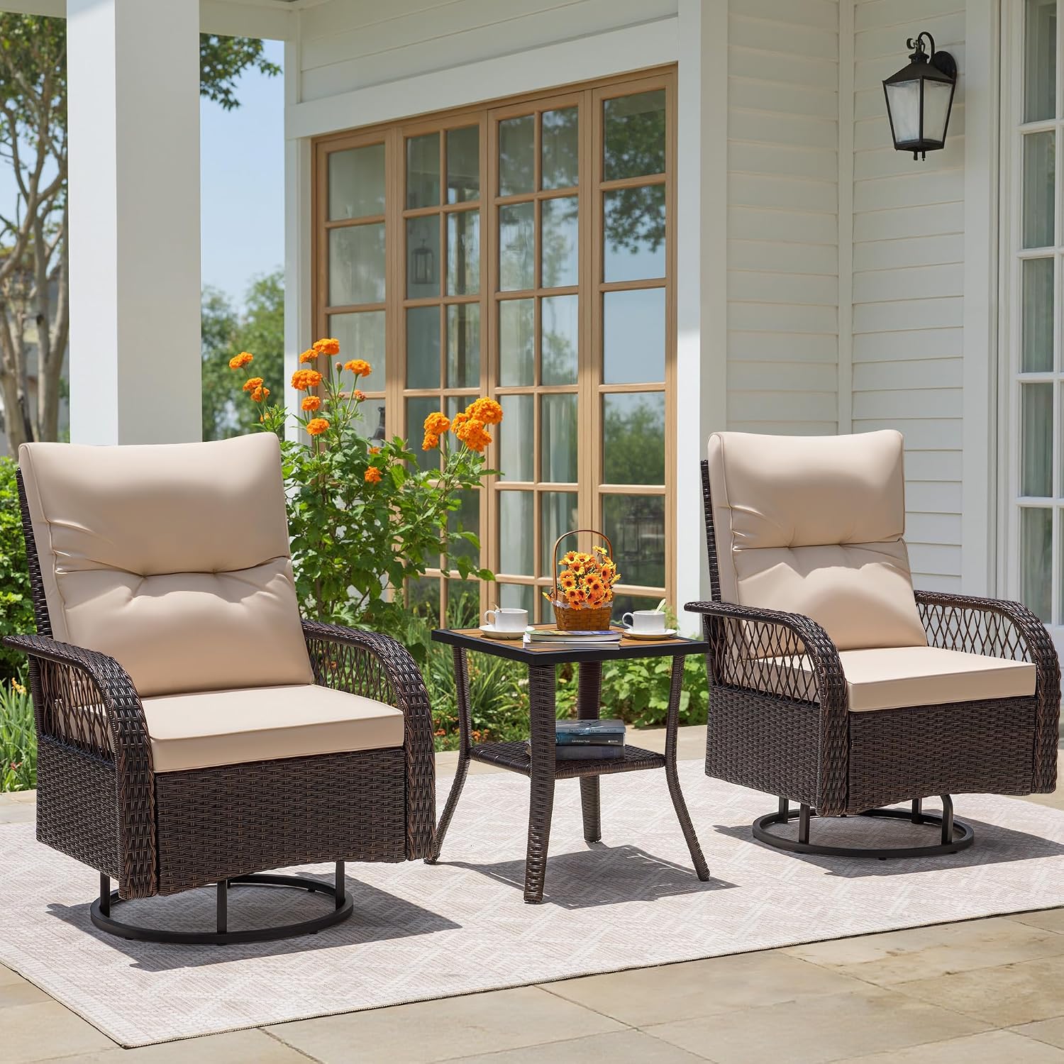 Greesum 3-Piece Outdoor Swivel Rocker, Luxury Wicker Patio Furniture Set with Rattan Side Table&Thick Detachable Cushions for Deck Lawn Poolside Brown/Beige