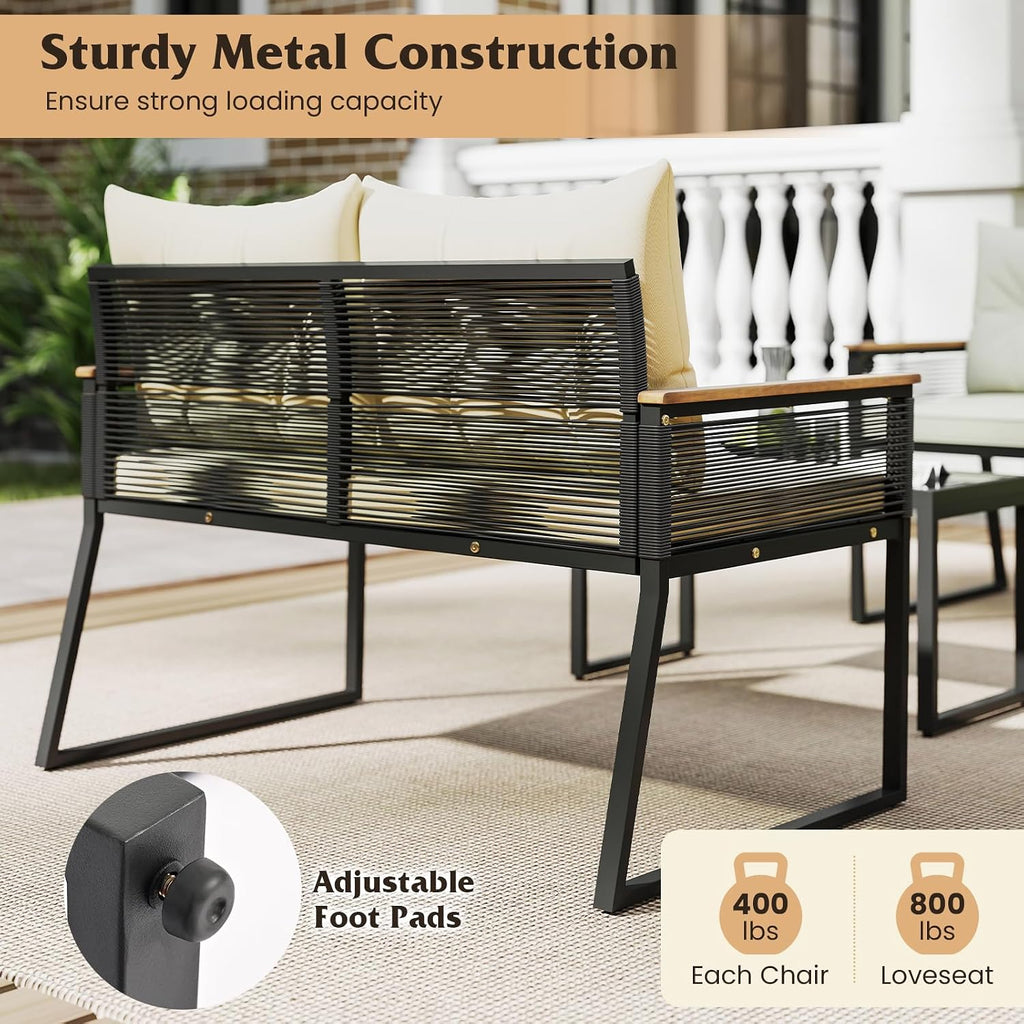 Tangkula 4 Pieces Patio Wicker Furniture Set, Heavy Duty Outdoor Cushioned Conversation Set with Tempered Glass Coffee Table, for Garden, Yard and Poolside (Off White,2)