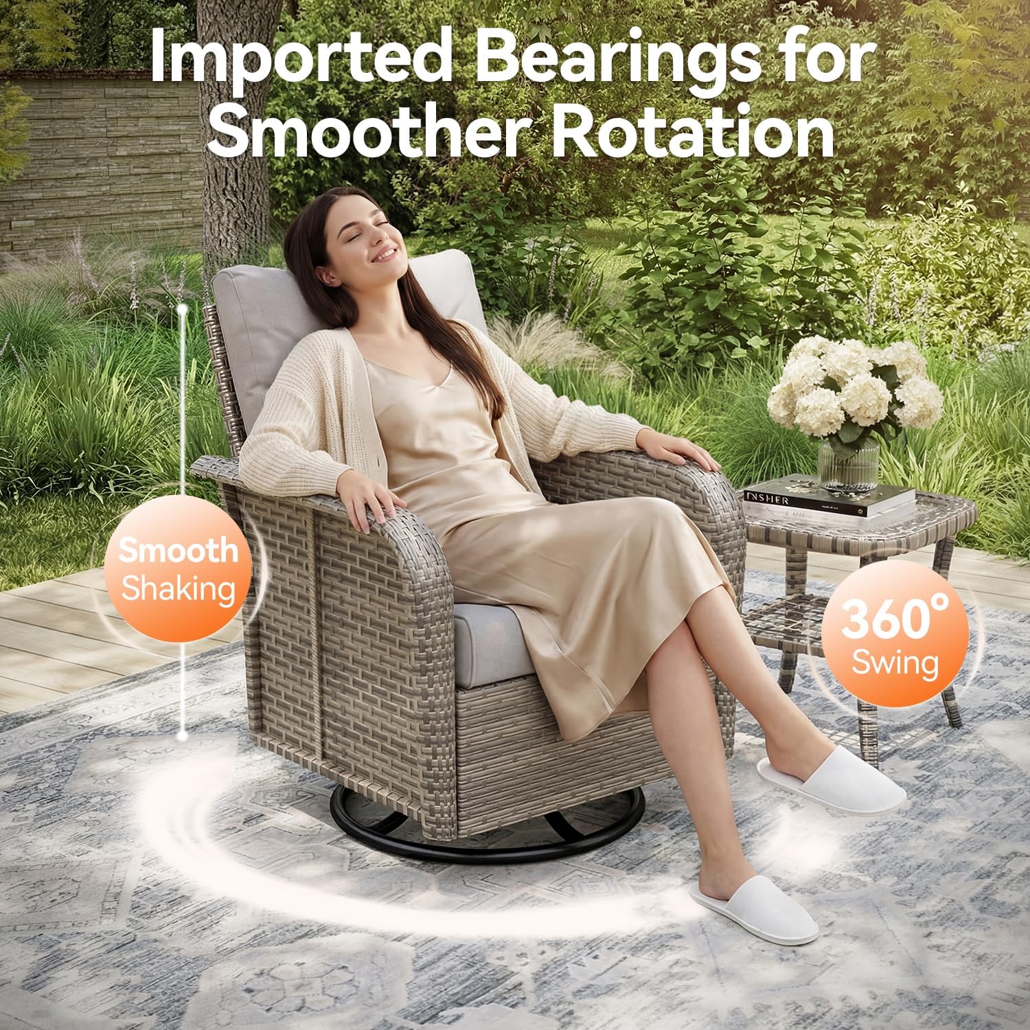 Aoxun Luxury 9-Piece Patio Furniture Set, 360° Swivel Chairs, Wicker Rattan Sofa with Thick Cushion, Outdoor Conversation Set for Backyard, Poolside & Garden, Beige/Gray