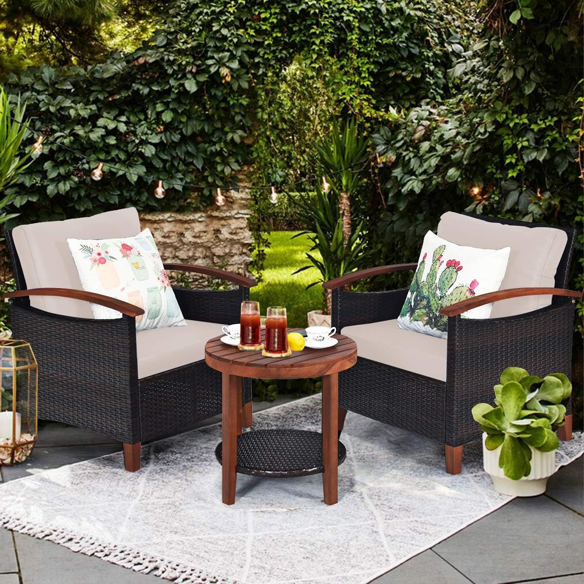 Tangkula 3 Pieces Patio Furniture Set, Outdoor Rattan Sofa and Side Table w/Solid Acacia Wood Frame, High Load Bearing Conversation Bistro Set w/Washable and Removable Cushions (Beige)