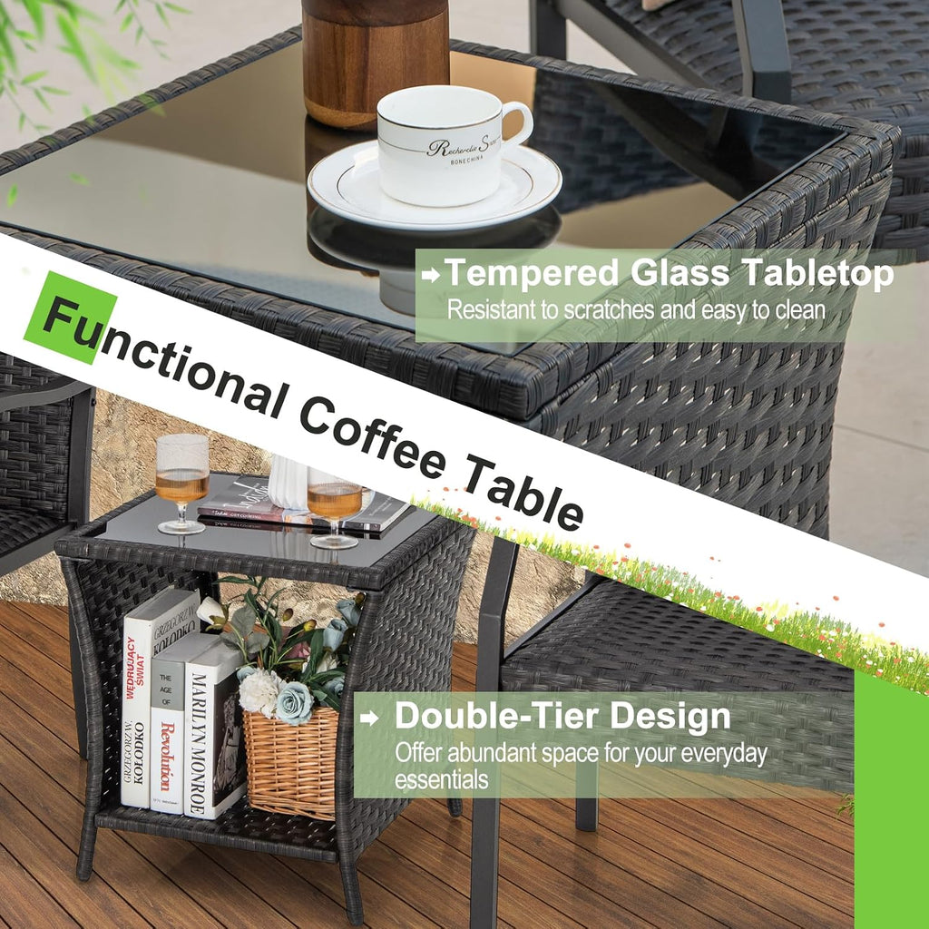 Tangkula 3 Pieces Patio Wicker Chair Set, Waterproof All Weather Resistant Heavy Duty Outdoor Conversation Set with Quick Dry Foam Seating, for Poolside, Backyard, Garden (Mix Brown)