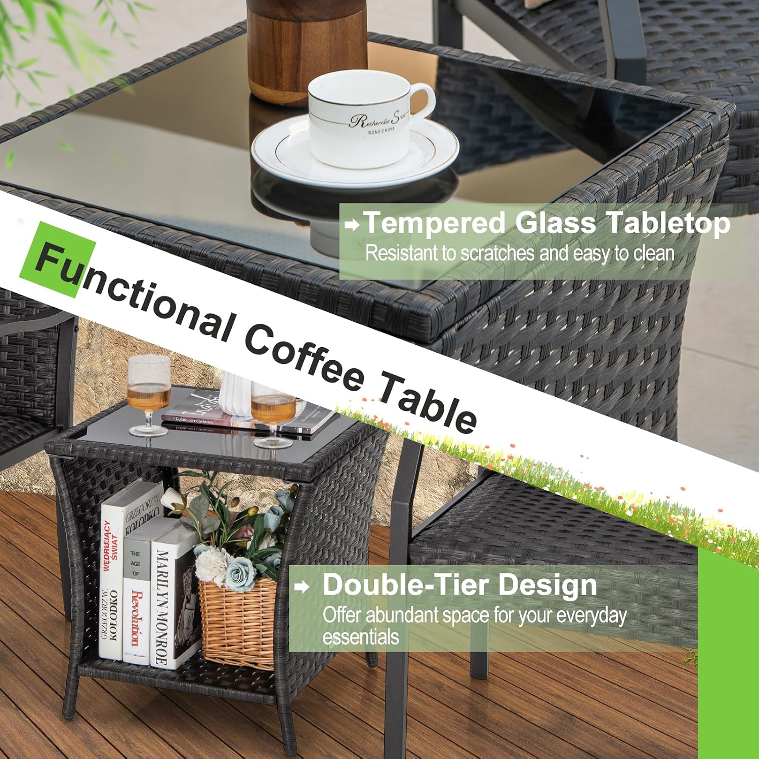 Tangkula 3 Pieces Patio Wicker Chair Set, Waterproof All Weather Resistant Heavy Duty Outdoor Conversation Set with Quick Dry Foam Seating, for Poolside, Backyard, Garden (Mix Brown)