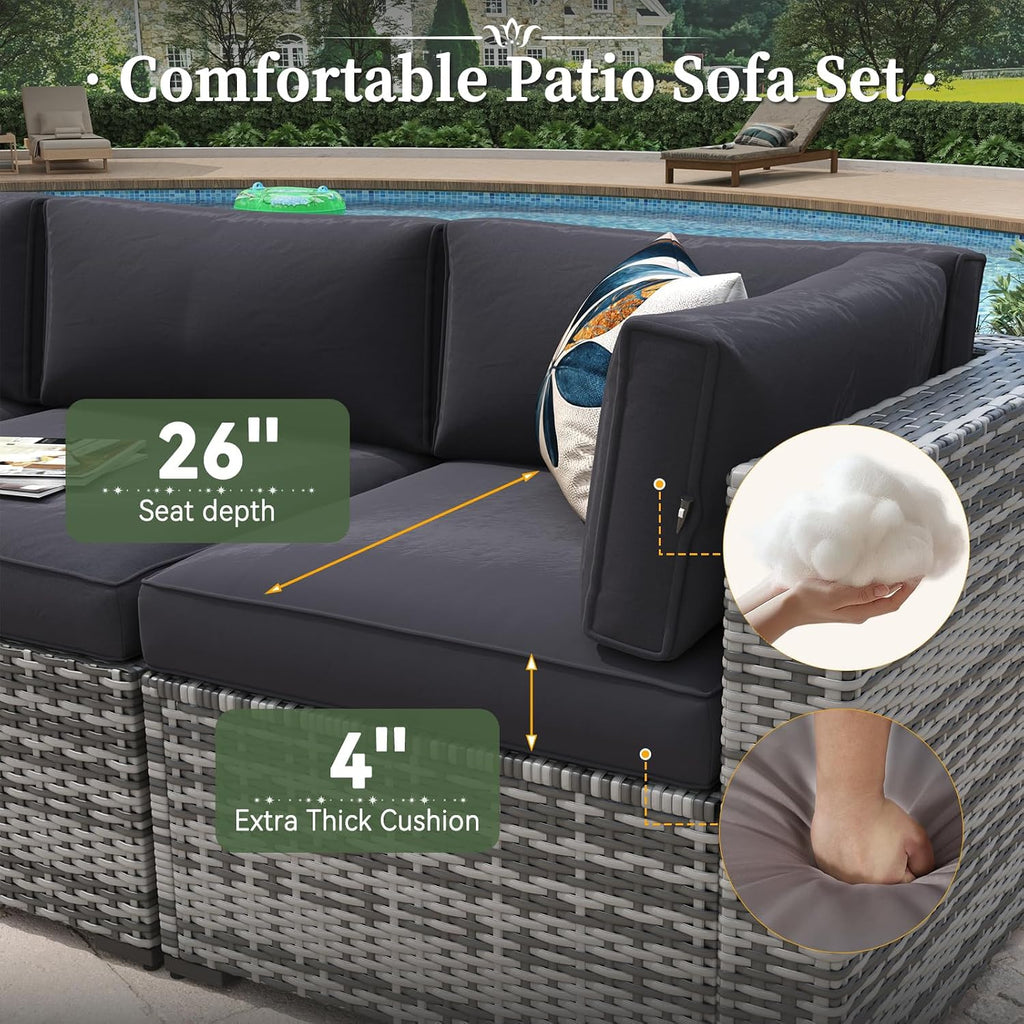 Aoxun 8 Piece Patio Furniture Set with 44'' Fire Pit Table Wicker Rattan Patio Conversation Set Outdoor Sectional Sofa Set with Coffee Table, Grey/Black (Waterproof Cover Included)