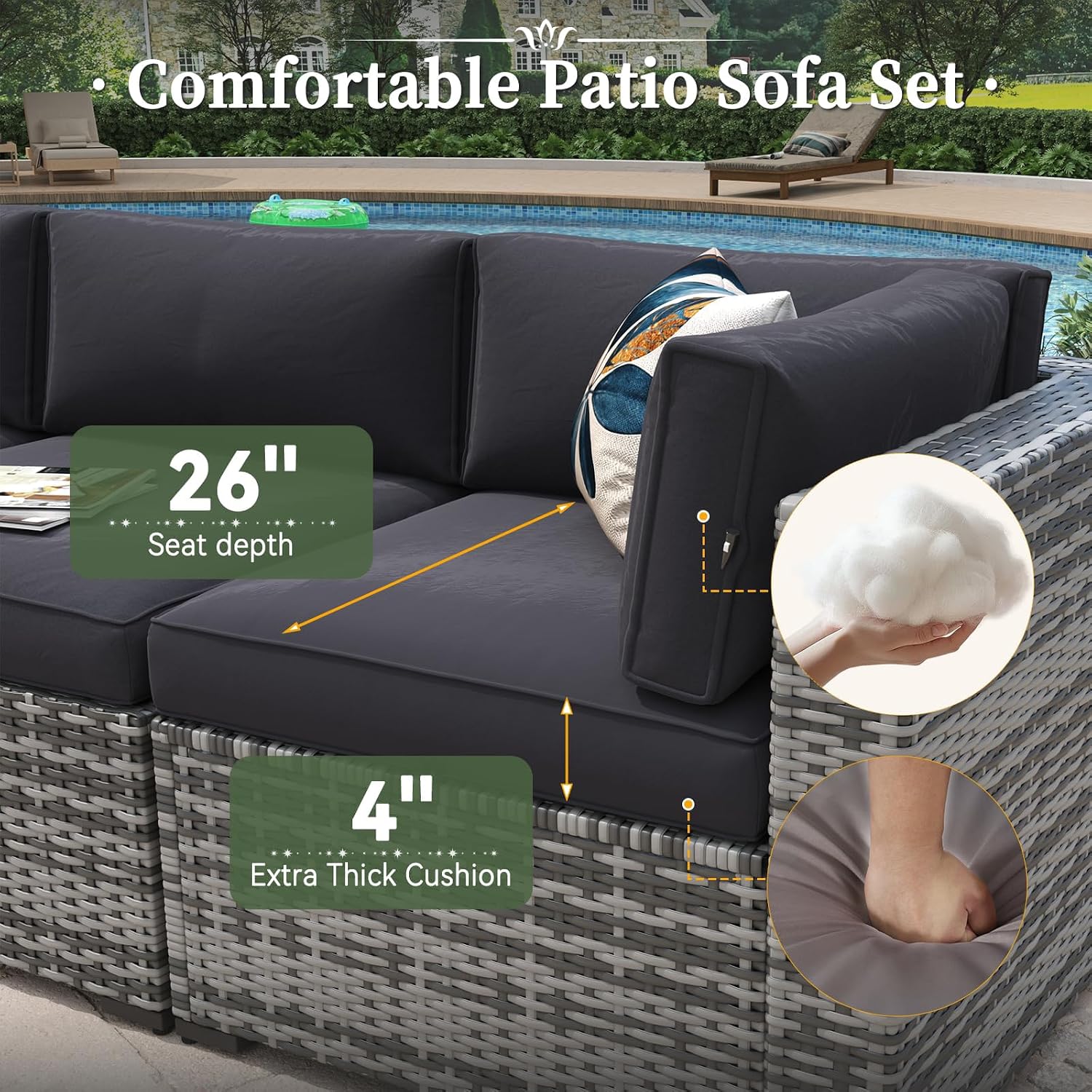 Aoxun 8 Piece Patio Furniture Set with 44'' Fire Pit Table Wicker Rattan Patio Conversation Set Outdoor Sectional Sofa Set with Coffee Table, Grey/Black (Waterproof Cover Included)