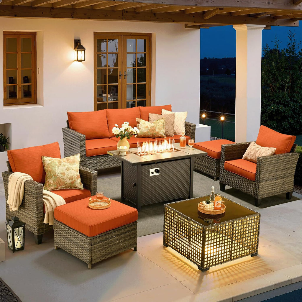 ovios 7 Pieces Patio Furniture Set with 42' Fire Pit Table, Outdoor Sofa Couch with Solar Lights Table Comfy Cushions, Modern Deep Seat Wicker Rattan Conversation Set, Orange Red