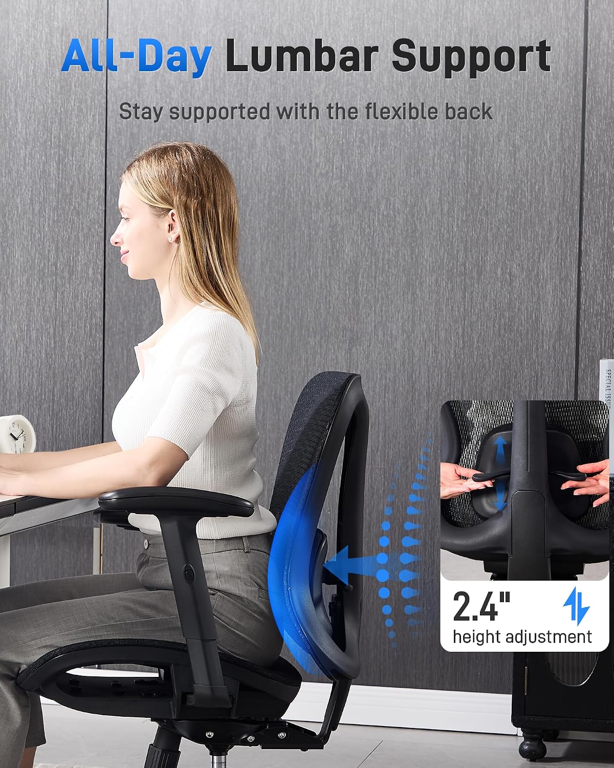 amseatec Ergonomic Office Desk Chair, Comfortable Computer Gaming Chair, Breathable Mesh Back & Seat, Adjustable Armrest, Lumbar Support, Butterfly Design for Home Office (Black)