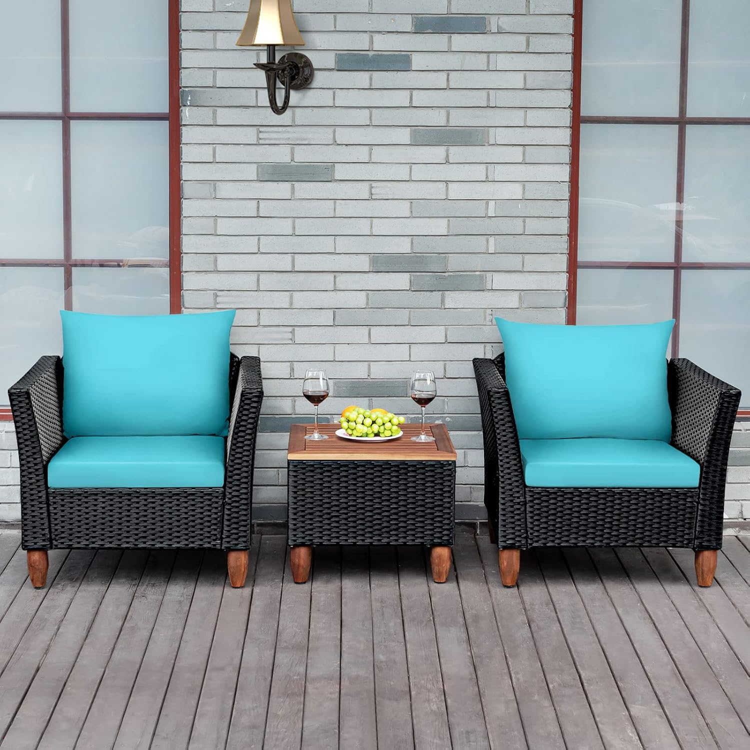 Tangkula 3 Piece Patio Furniture Set, Patiojoy Outdoor Wicker Rattan Bistro Sofa Set w/Washable Cushion, Acacia Wood Top Coffee Table, Conversation Set w/Adjustable Feet for Balcony Backyard Porch