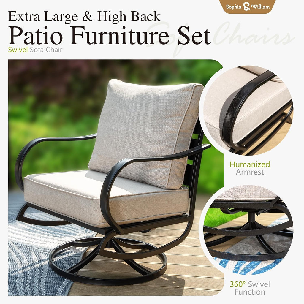 Sophia & William Patio Furniture Sets for 7 with Fire Pit Table 45', Outdoor Patio Furniture Set 8 Pcs, Convesation Set with 4 x High Heavy Sofa Chairs, 1x3-Seat Sofa, for Porch Poolside Beige