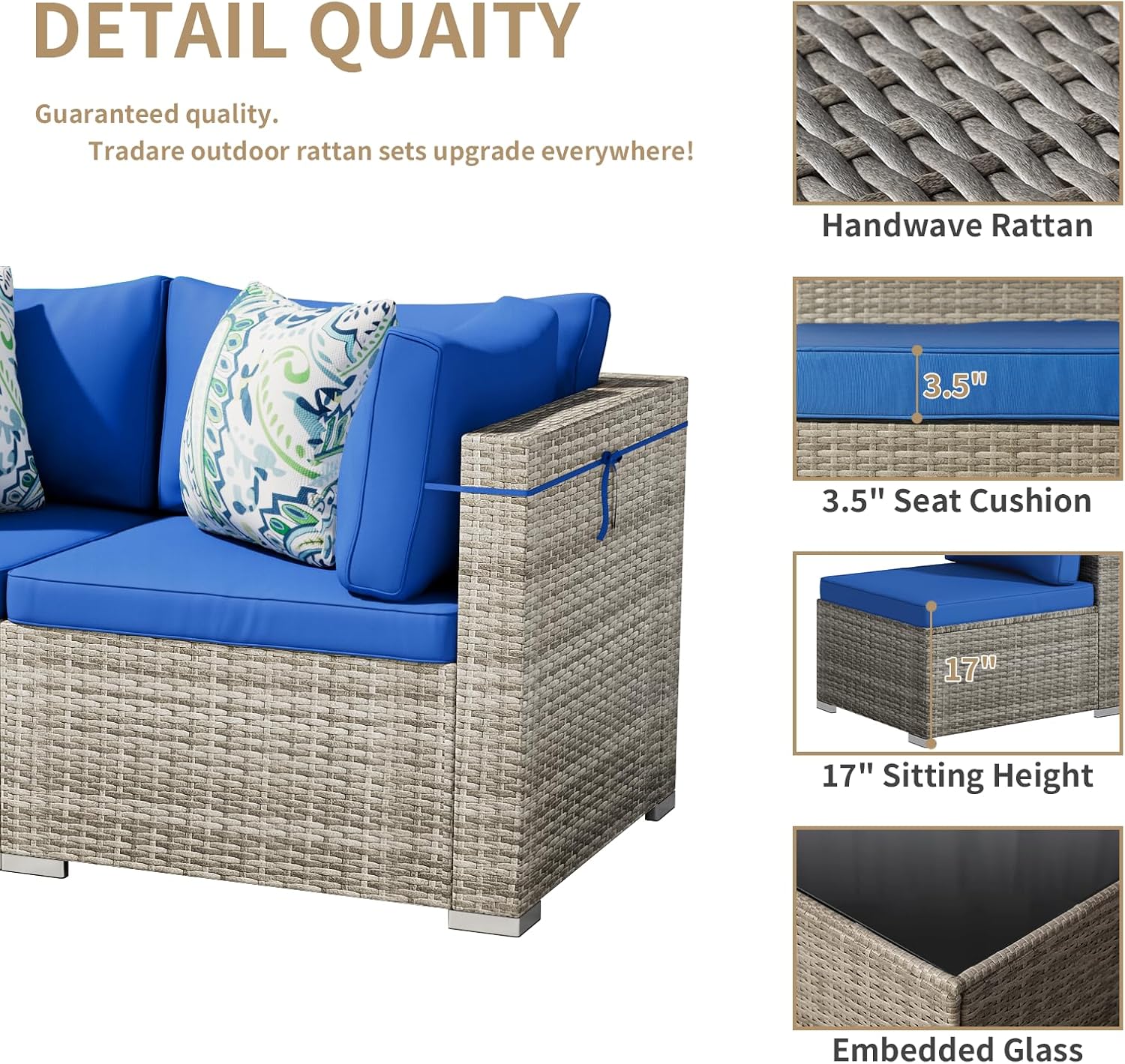 Tradare 2 Piece Patio Furniture Set, Outdoor Wicker Patio Sofa Set, PE Rattan Sectional Couch and Blue Cushions, All-Weather 2 Piece Outdoor Patio Furniture Sets, Grey