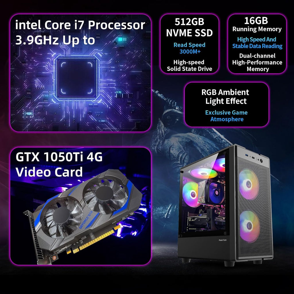 ZER-LON Gaming PC Desktop, Prebuilt Gaming Computer with Intel Core I7 up to 3.9 GHz, GTX 1050Ti 4G, 16G RAM, 512GB NVME SSD, ARGB Cooling Fan,Supply WiFi Support