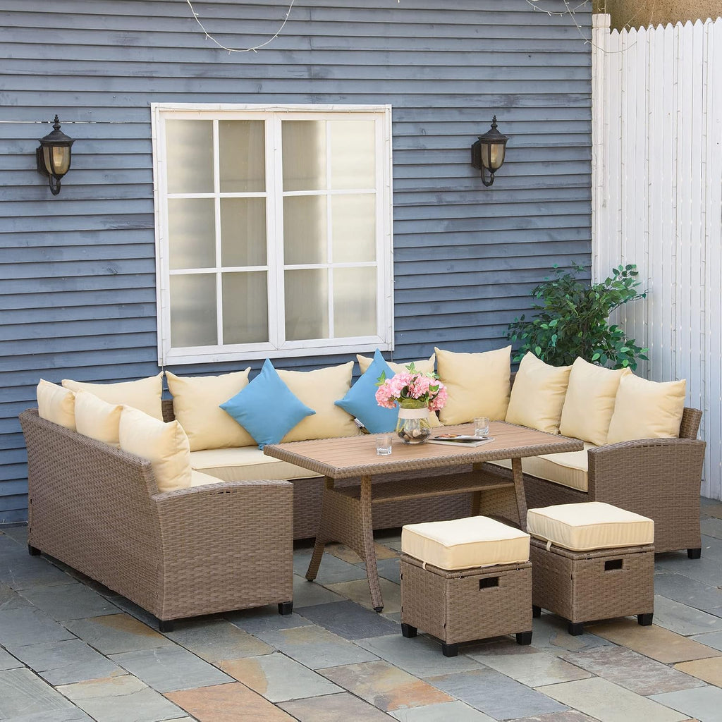 Outsunny 6 Piece Patio Furniture Set, PE Wicker Outdoor Furniture Conversation Set with 3 Sofas, 2 Ottomans and Slatted WPC Top Dining Table, All Weather Sectional Sofa Couch with Pillows, Khaki