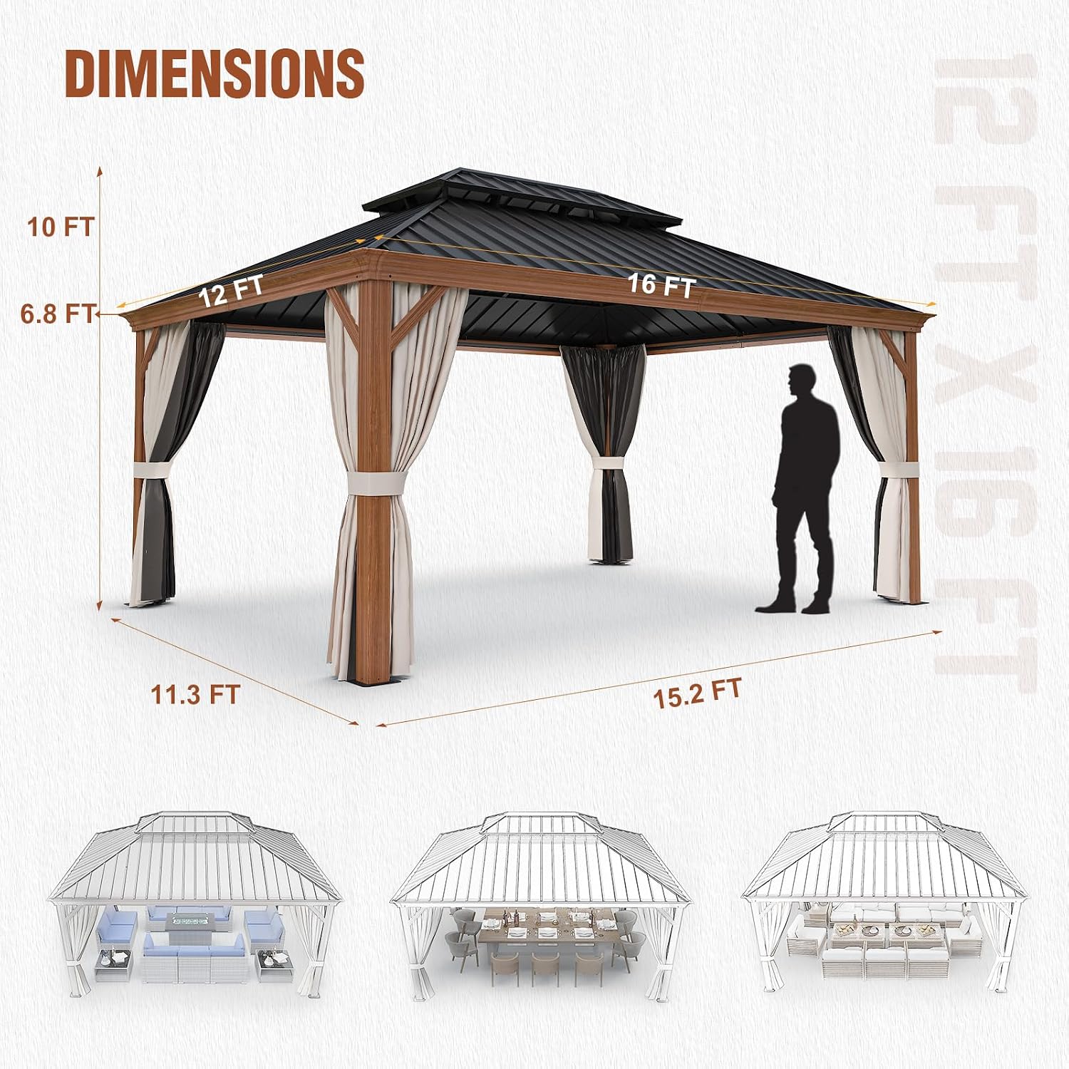 EAGLE PEAK 12x16 Hardtop Gazebo, Galvanized Steel Double Roof with Wood Grain Aluminum Frame, Outdoor Pavilion with Netting and Curtains for Patio, Deck, Lawn and Garden, Woodgrain/Black