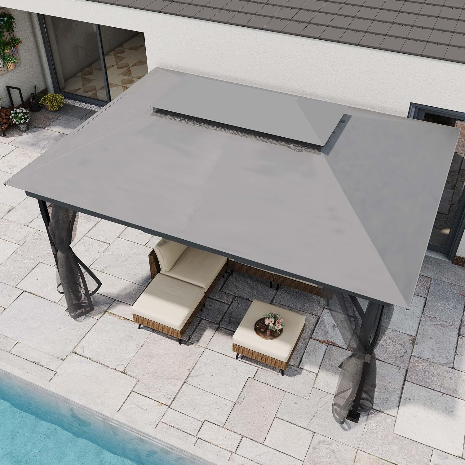 LAUSAINT HOME 10' X 13' Waterproof Patio Gazebo with Mosquito Netting, Double Roof Outdoor Gazebo Pavilion Shelter for Backyard, Garden, Lawn, Wedding (Grey)