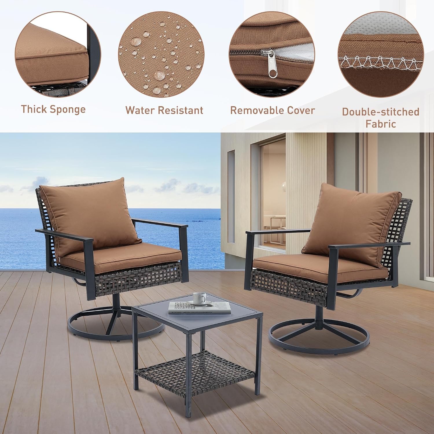 Ainfox 3 Pieces Patio Wicker Chairs Swivel Rocker, Outdoor Swivel Rocker Patio Chairs with Rattan Side Table, Patio Furniture Set for Patio Balcony Pool, Brown