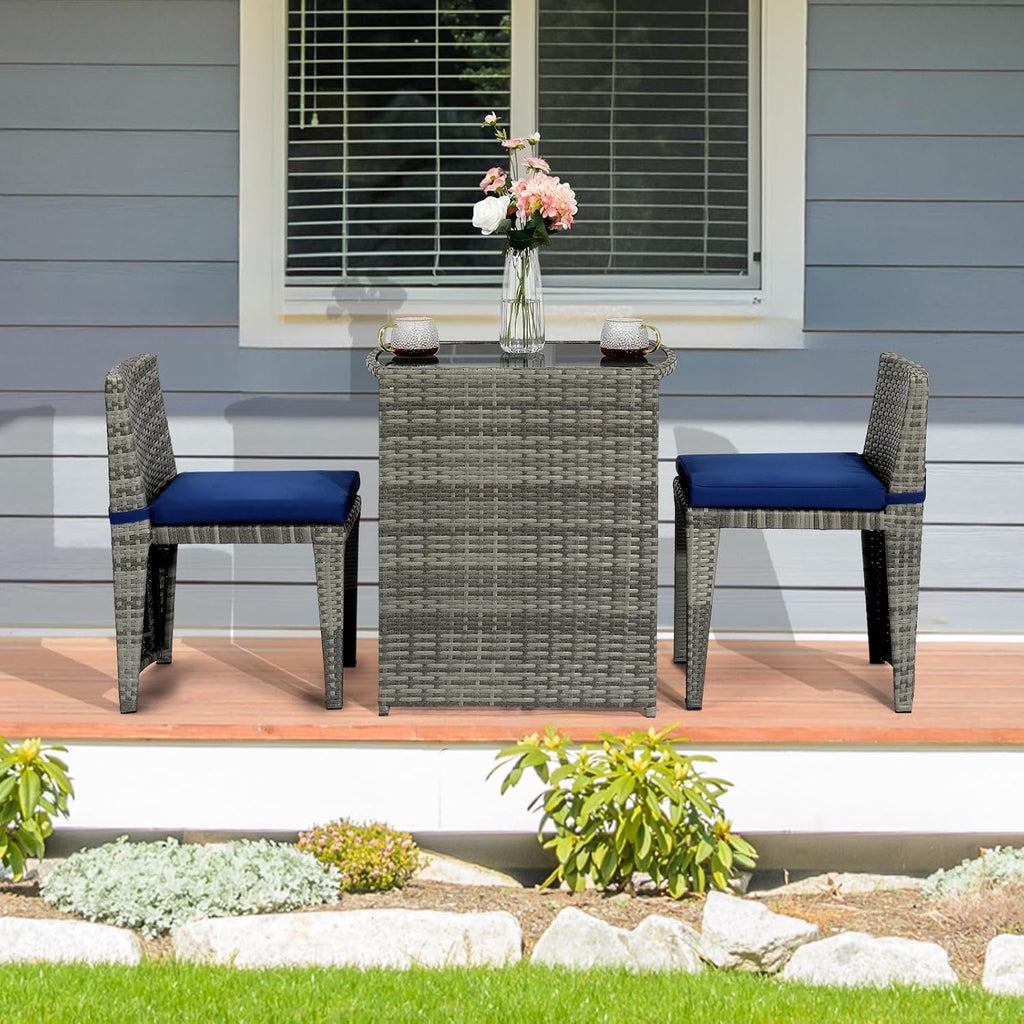 Bonnlo 3 PCS Wicker Outdoor Patio Bistro Set, Patio Furniture Set for Small Space with Glass Top Table Dining Chairs, Balcony Furniture Patio Table and Chairs Set of 2 for Garden Yard Porch (Grey)