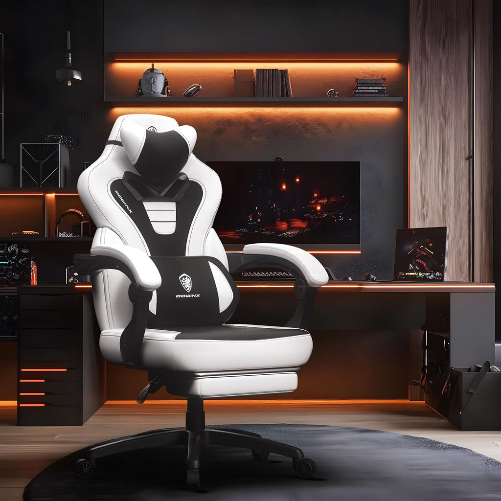 Dowinx Gaming Chair with Footrest,Big and Tall Game Chair for Heavy People, Gamer Chair with Massage Lumbar Support,Ergonomic Computer Gaming Chair for 200lbs (White)