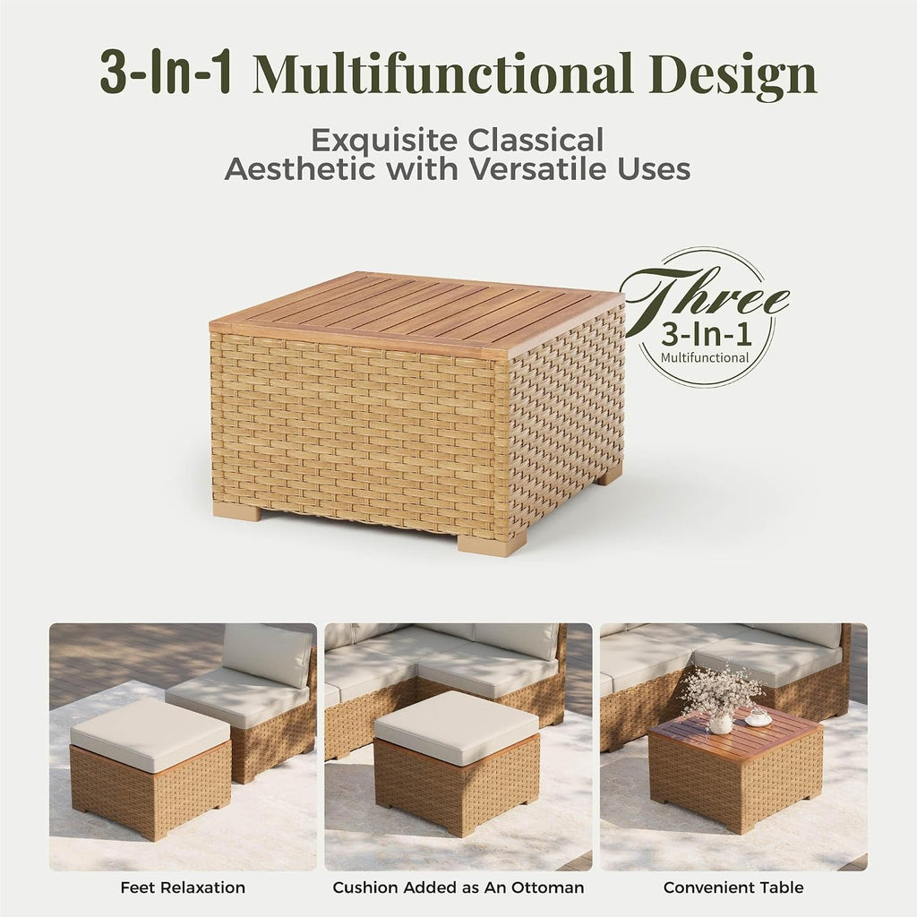 MIXPATIO Wicker Outdoor Patio Furniture Set 7 Pieces Patio Chaise Longue Conversation Set, Rattan U-Shaped Sofa Couch with Acacia Wood Coffee Table for Deck Porch and Garden
