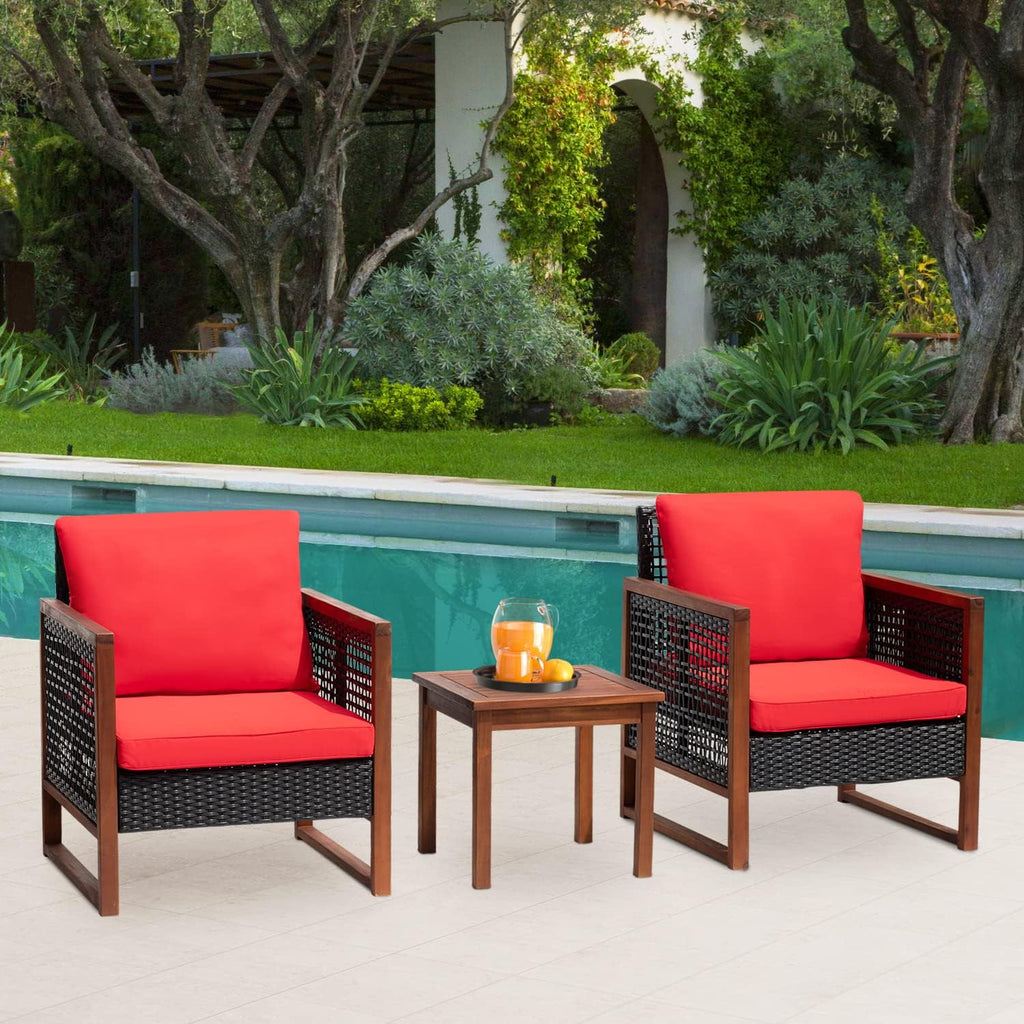 FDW Patio Bistro Set 3-Piece Acacia Wood Outdoor Chat Conversation Table Chair Set Outdoor Wood Chat Set with Water Resistant Cushions and Coffee Table for Beach Backyard Garden,Red Cushion