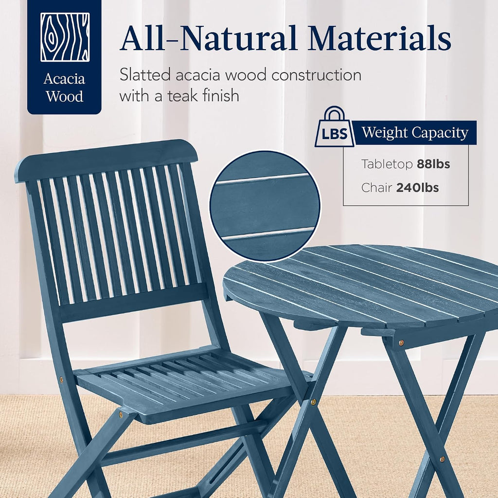 Best Choice Products 3-Piece Acacia Wood Bistro Set, Folding Patio Furniture for Backyard, Balcony, Deck w/ 2 Chairs, Round Coffee Table, Teak Finish - Slate Blue
