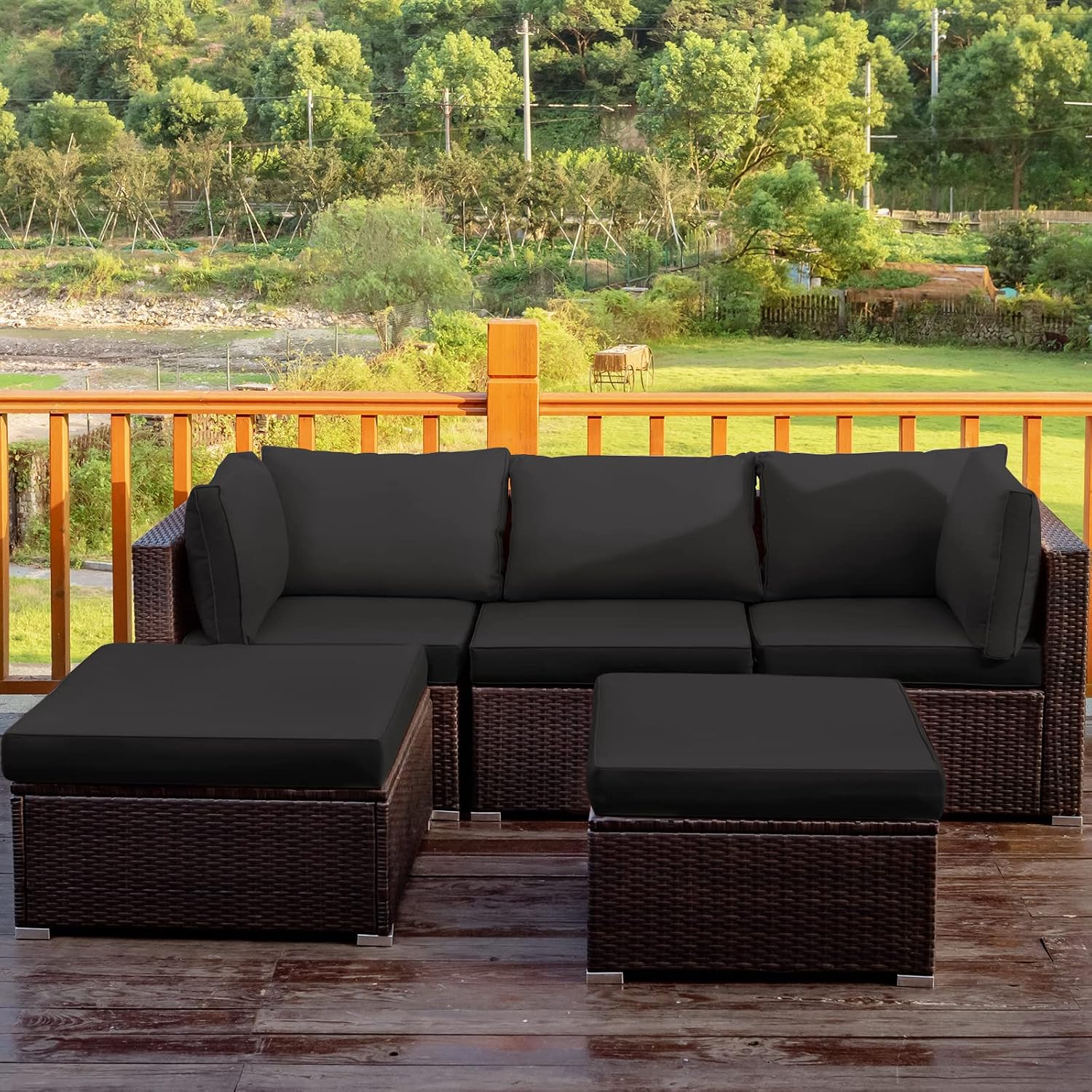 Tangkula 5 Piece Patio Furniture Set, Outdoor Sectional Rattan Sofa Set with Cushions and Coffee Table, Suitable for Backyard Porch Garden Poolside and Deck, Wicker Conversation Set (Black)