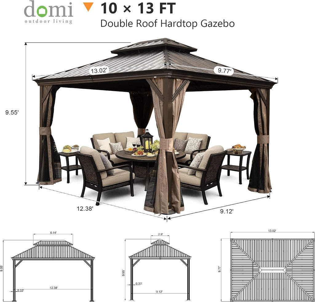 Domi 10' x 13' Outdoor Hardtop Gazebo, Upgraded Metal Gazebo with Galvanized Steel Double Roof, Heavy Duty Canopy Permanent Pavilion for Patio Lawn and Garden, Curtains and Netting Included, Brown