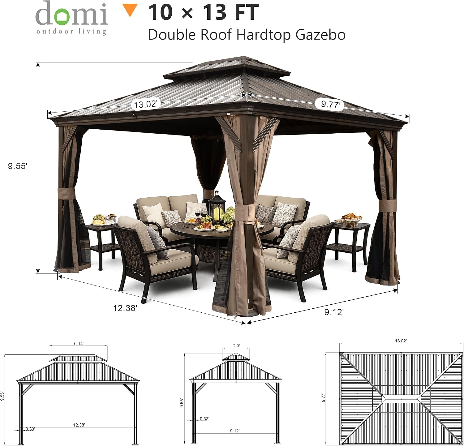 Domi 10' x 13' Outdoor Hardtop Gazebo, Upgraded Metal Gazebo with Galvanized Steel Double Roof, Heavy Duty Canopy Permanent Pavilion for Patio Lawn and Garden, Curtains and Netting Included, Brown