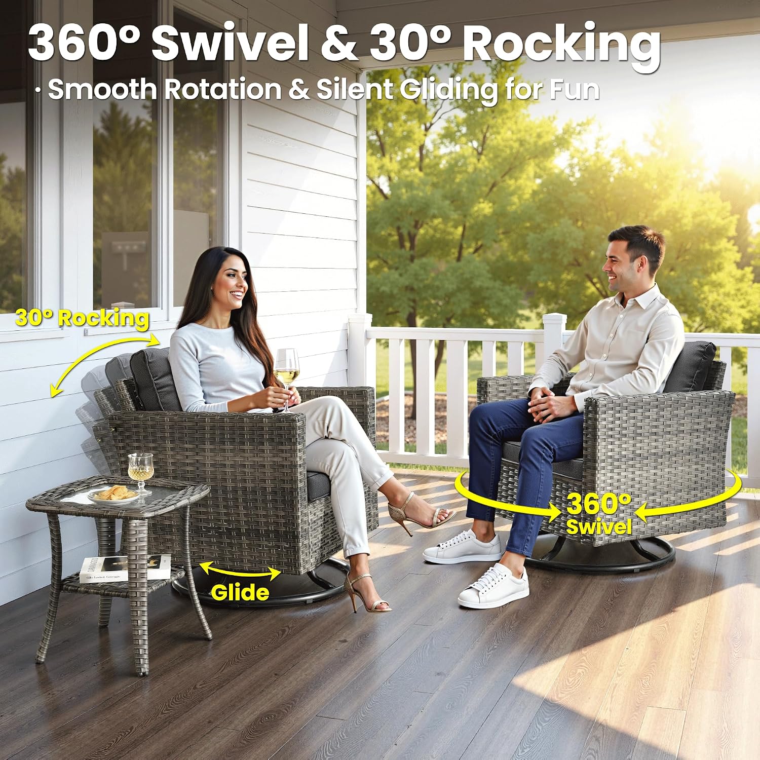 ovios 6-Pieces Patio Furniture Set, Outdoor Wicker Sofa Couch with Swivel Glider Chairs Comfy Cushions, Modern Conversation Set for Backyard Porch, Black