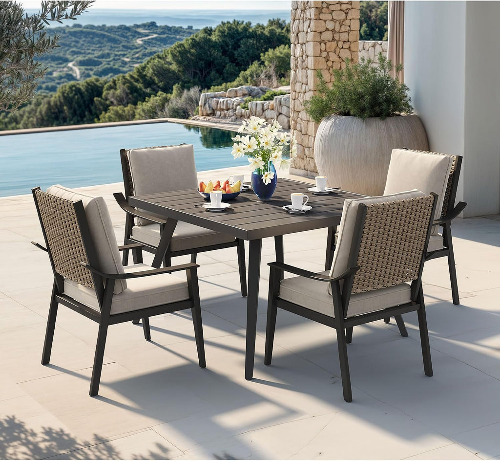 PURPLE LEAF 5 Pieces Outdoor Dining Set with 1.57' Umbrella Hole and Thick Cushion Heavy-Duty Metal Patio Dining Furniture Set with Square Table and 4 Wicker Chairs for Lawn Garden Backyard Deck