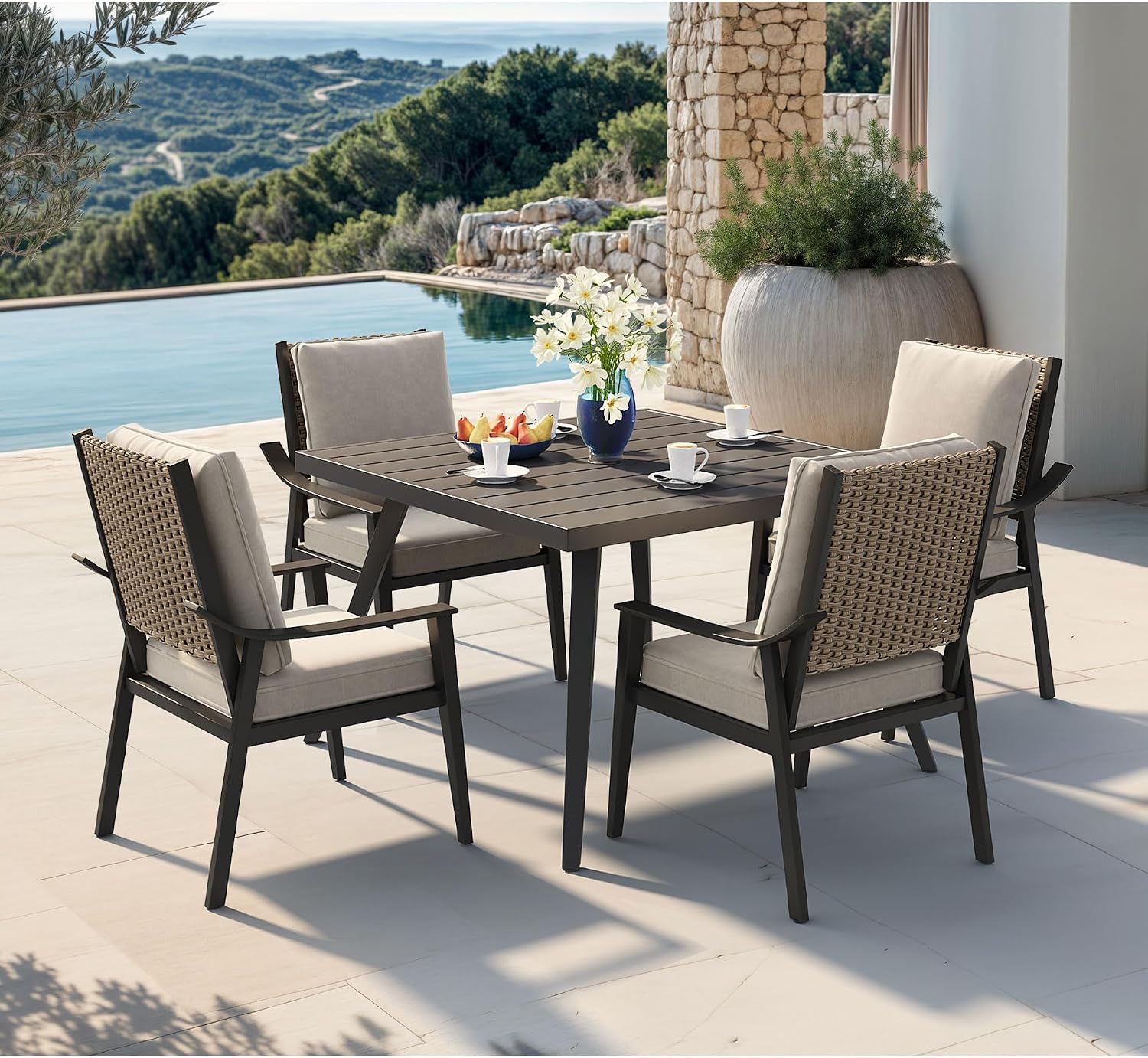 PURPLE LEAF 5 Pieces Outdoor Dining Set with 1.57' Umbrella Hole and Thick Cushion Heavy-Duty Metal Patio Dining Furniture Set with Square Table and 4 Wicker Chairs for Lawn Garden Backyard Deck