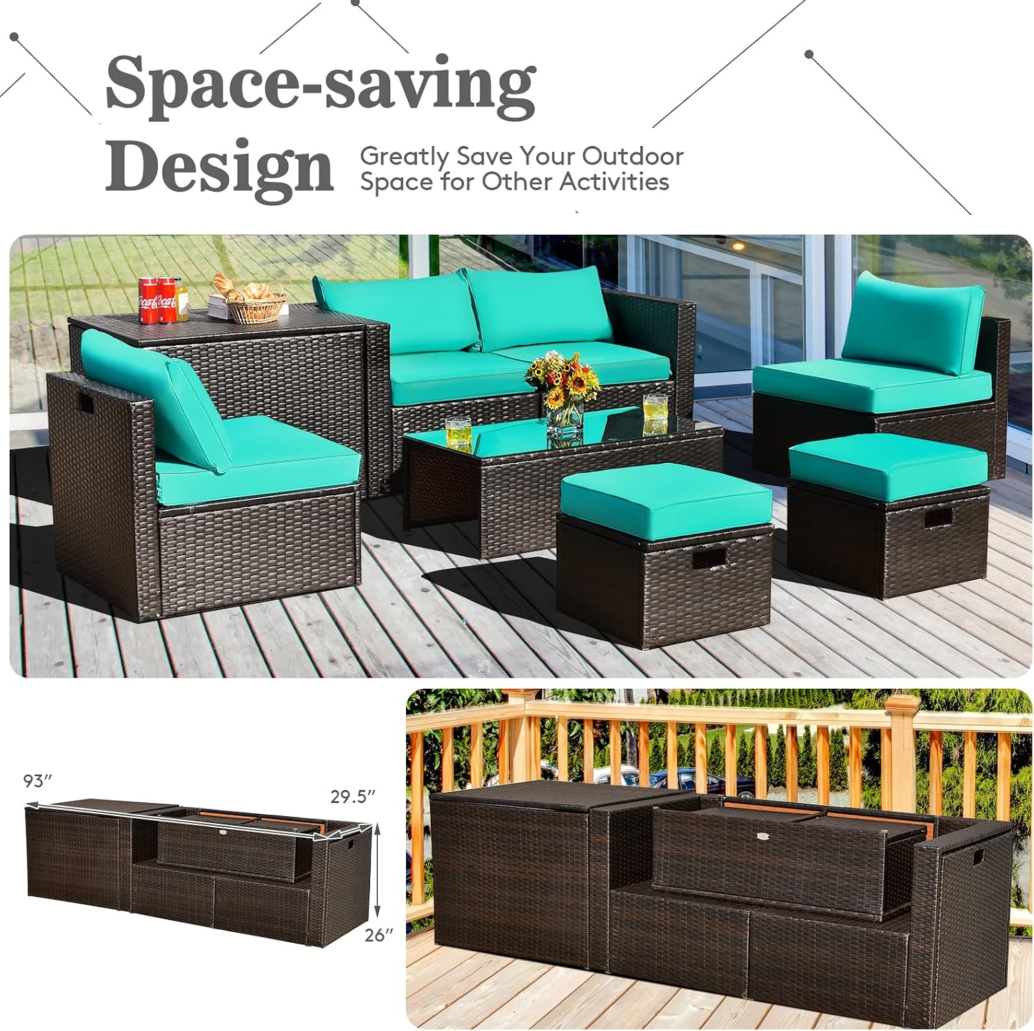 Tangkula 8 Piece Patio Furniture Set, Patiojoy Outdoor Space Saving PE Rattan Sectional Sofa Set for 6 with Waterproof Cover, for Garden, Deck, Poolside and Balcony (Turquoise)