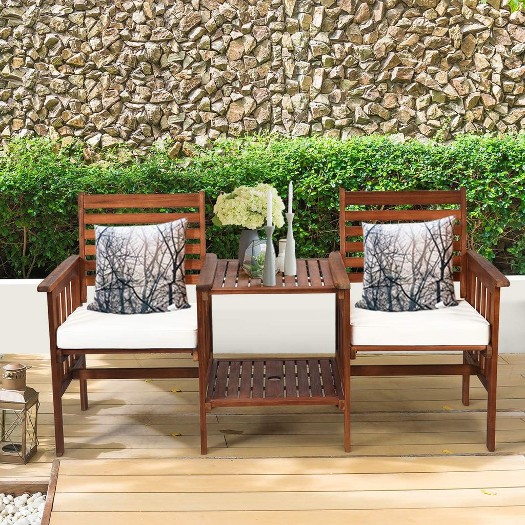 Tangkula Acacia Wood Loveseat, 3pcs Outdoor Table Chairs Set, Patio Conversation Set w/Coffee Table and Soft Cushions, 2.1-inch Umbrella Hole, 2-Seater Furniture Set (White)