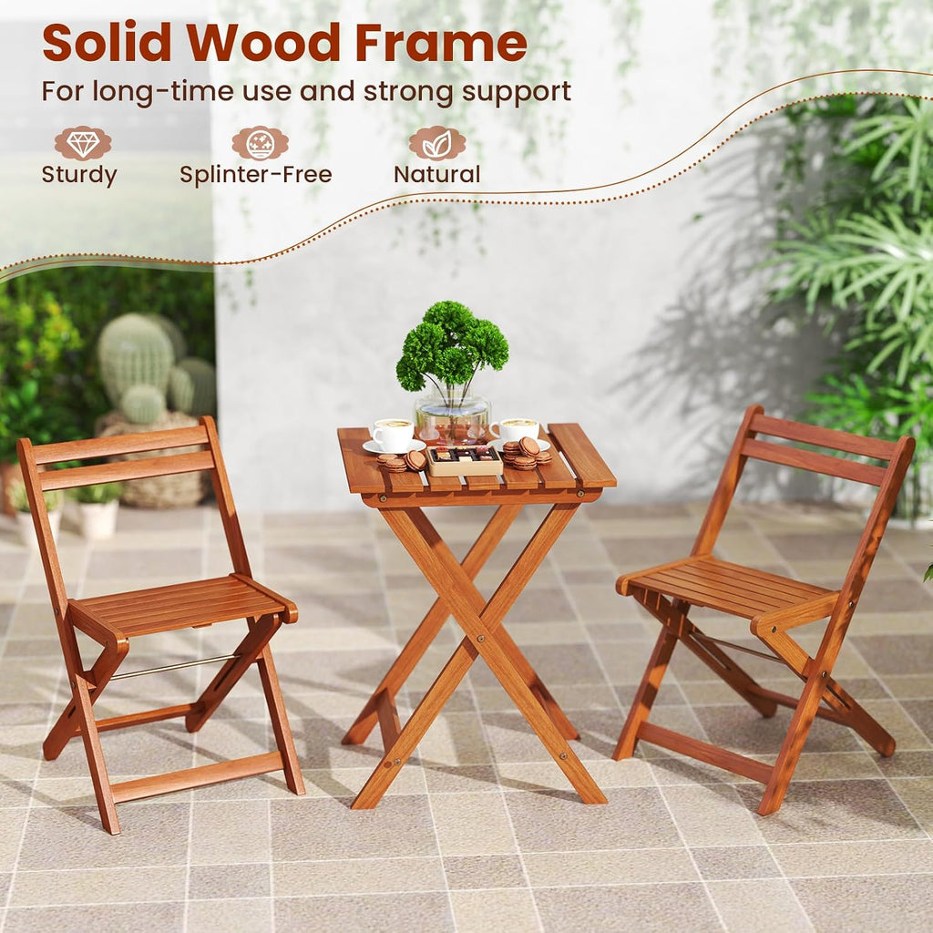 Tangkula 3 Pieces Solid Wood Patio Bistro Set with 2 Folding Chairs, Outdoor Table and Chairs Set, Balcony Furniture Set, Small Patio Set for Porch, Deck, Garden and Backyard