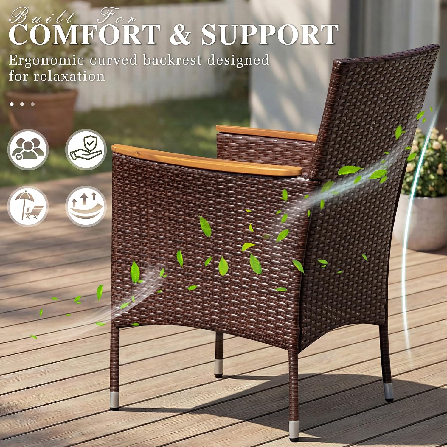 Devoko Outdoor Patio Dining Sets 9 Pieces Wicker Outdoor Dining Table and Chairs Set with Acacia Wood Table Top and Widened Armrests for Backyard, Garden, Deck (Brown)
