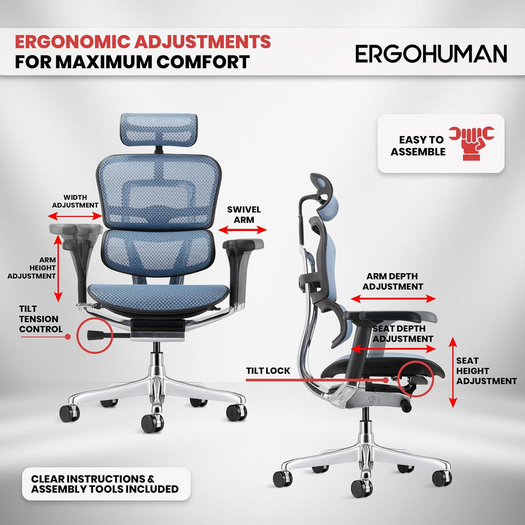 Ergohuman Eurotech ME7ERG GEN2 High Back Mesh Office Chair with Tilt Tension Control, Tilt Lock, Back Angle, Back Height, Synchro Tilt, Seat Height, Seat Depth, and Arm Height Adjustments, Blue