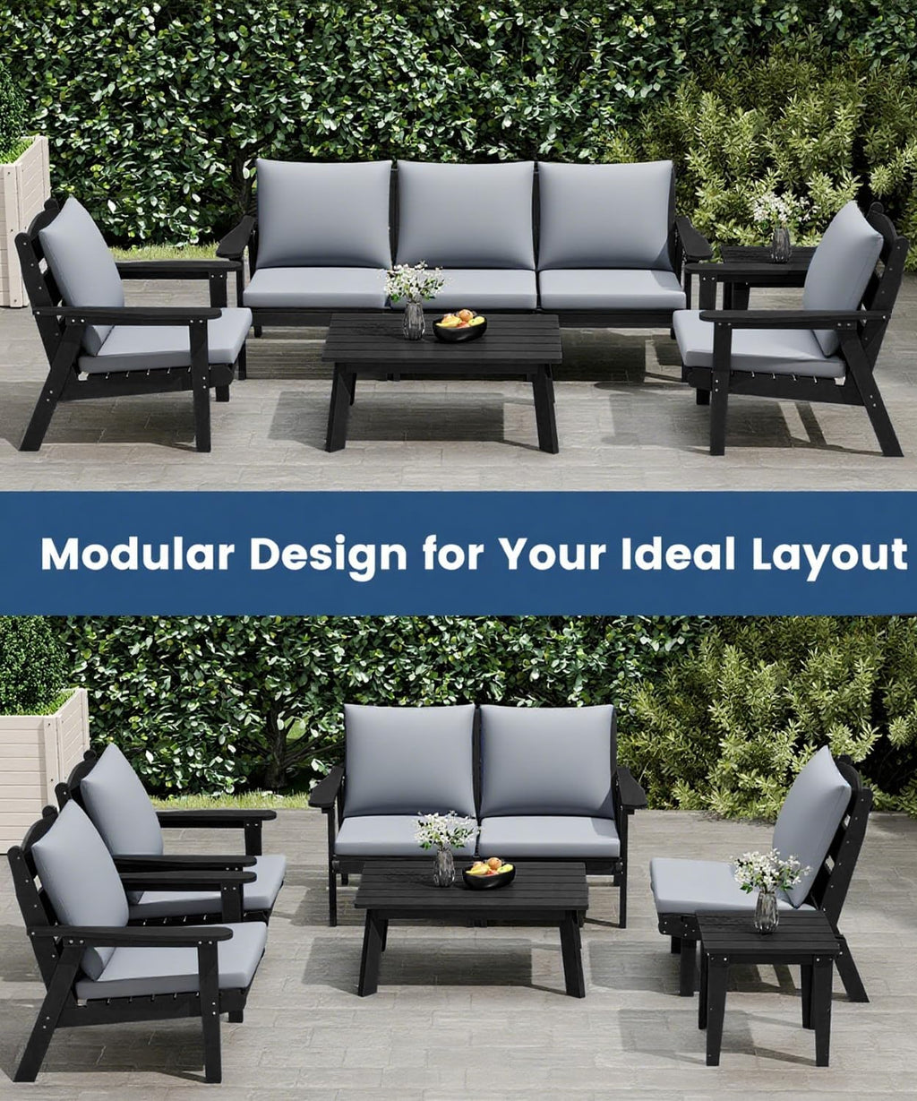 FOOWIN 7-Piece Patio Furniture Set, HDPE All-Weather Outdoor Conversation Set with Thick Cushions, Sectional Patio Sofa Furniture for Deck, Porch, Lawn, Garden, Black Frame & Grey Cushion