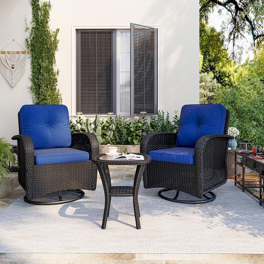 Aoxun 3 Pieces Patio Furniture Set, Patio Swivel Rocker Chairs Set of 2, Wicker Outdoor Bistro Set with Rocking Chair, Thickened Cushions and Table for Porch (Navy Blue)