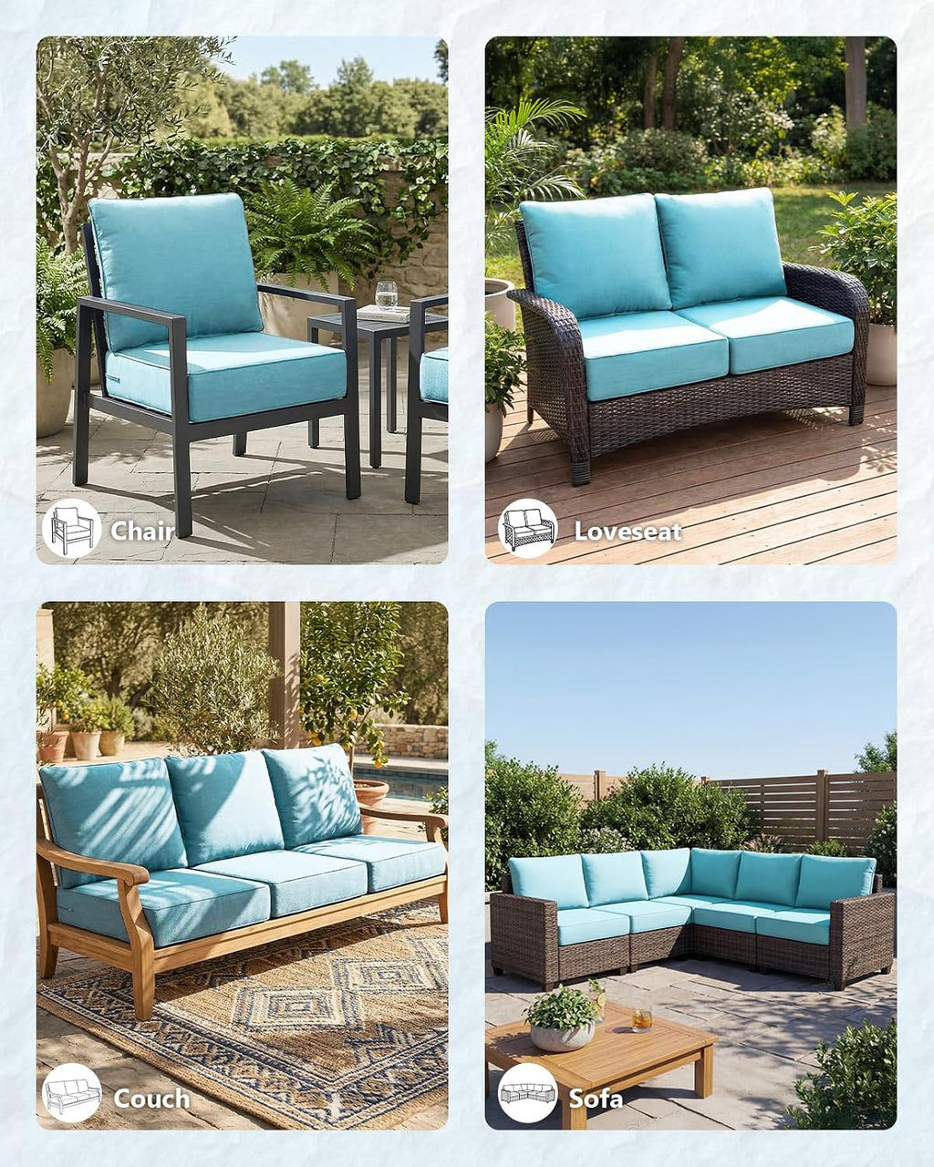 Outdoor Cushion Set for Furniture patio furniture,UV Resistant,Waterproof outdoor cushion set - 6 Inch thick foam garden cushions– 24x24 Inch Patio Seat Covers for Chair/Sofa/Couch Baby Blue 4-pack