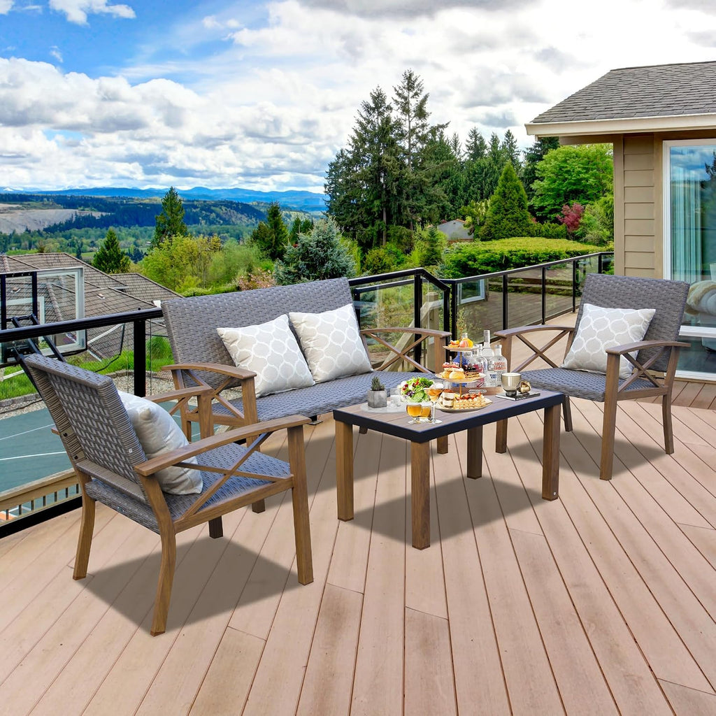 Domi Aluminum Patio Furniture Set, 4-Piece Modern Conversation Set with Cotton Padding Backrests and Seats, Outdoor Sectional Metal Sofa Set with 5.5 Inch Cushion and Coffee Table for Balcony, Garden