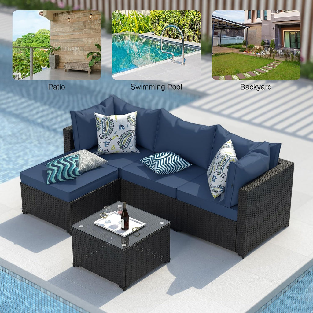 GOJOOASIS Patio Furniture Set Outdoor Sectional Sofa with Ottoman Wicker Couch Rattan Modular Seating Conversation Sets Porch Decor for Backyard, Balcony, Garden (Blue B)