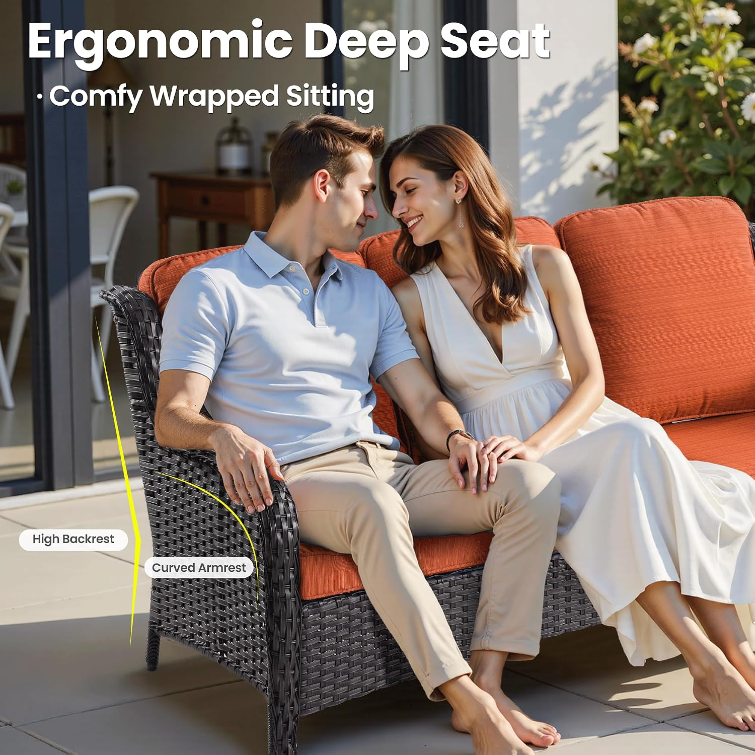 ovios 7-Pieces Patio Furniture Set with 42' Fire Pit Table Swivel Chairs, Outdoor Wicker Sofa Couch Gliders Rocker, High Back Modern Conversation Set, Brown Rattan, Orange Red
