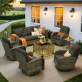ovios 8 Pieces Patio Furniture Set, Outdoor Wicker Sofa Couch with Rocking Swivel Chairs Solar Lights Table, Modern Deep Seat Rattan Conversation Sets for Deck Porch, Black