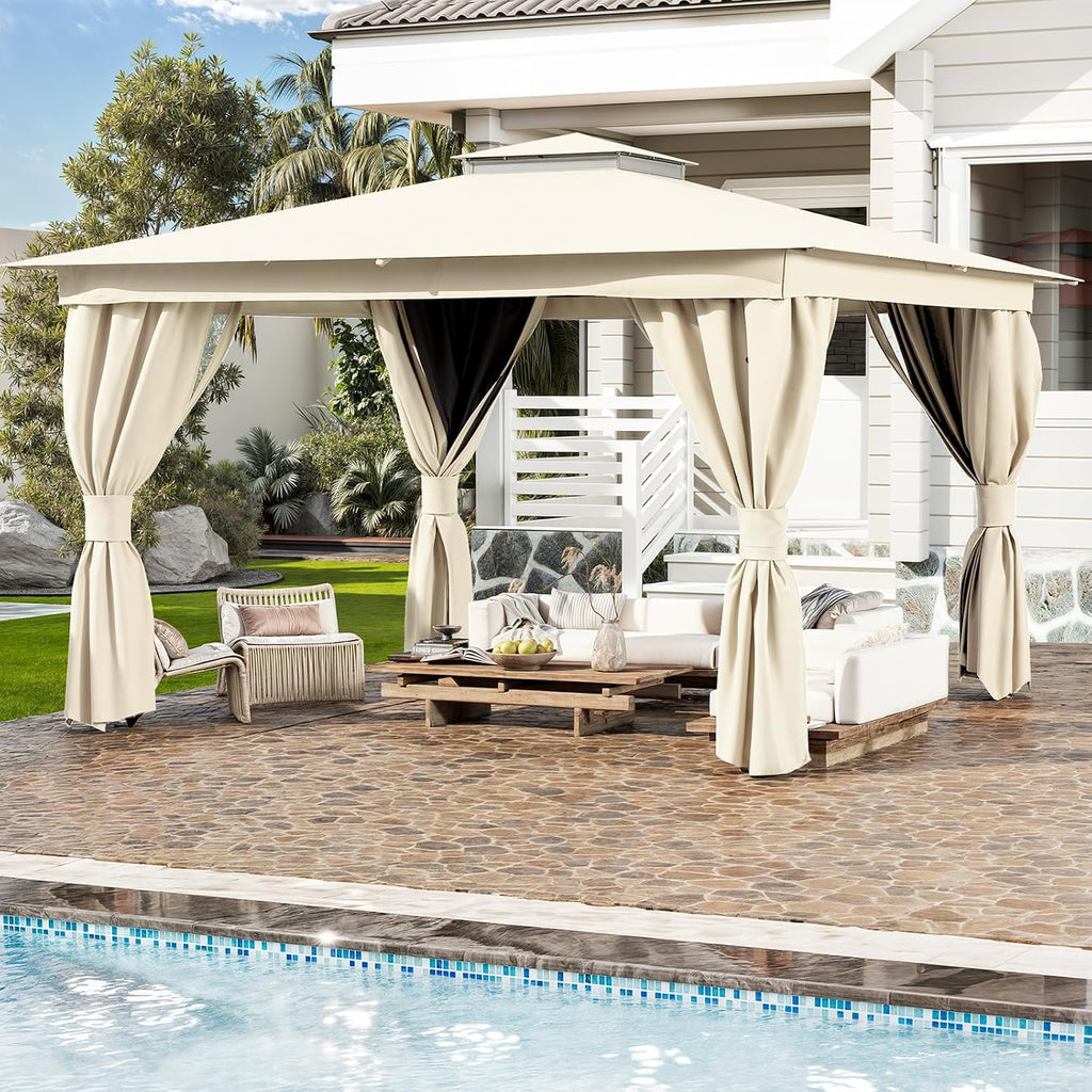 MELLCOM 10'x13' Outdoor Kahaki Gazebo for Patio, Heavy Duty Party Tent with Double Roofs, Outdoor Canopy with Curtains and Nettings for Deck, Lawn and Backyard