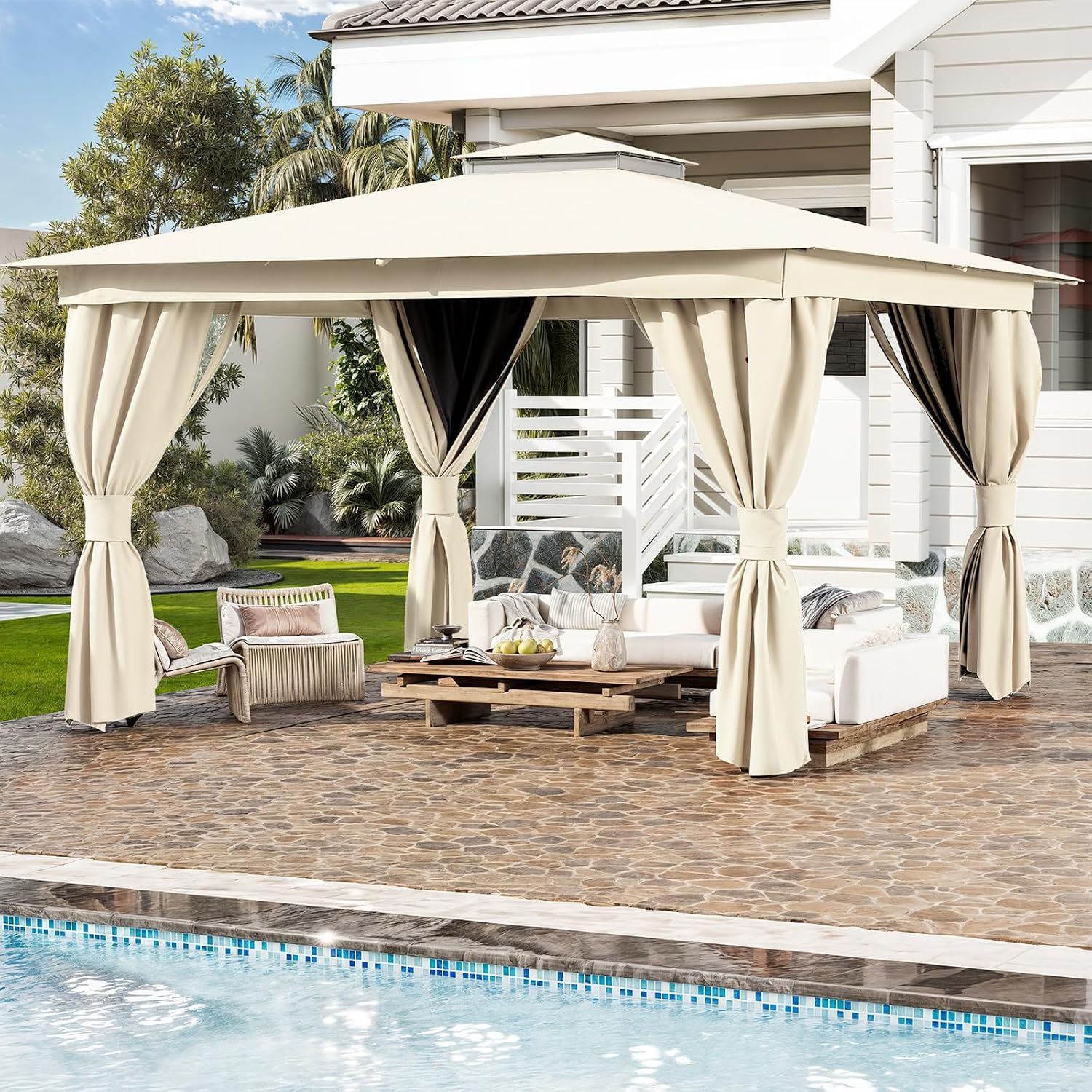MELLCOM 10'x13' Outdoor Kahaki Gazebo for Patio, Heavy Duty Party Tent with Double Roofs, Outdoor Canopy with Curtains and Nettings for Deck, Lawn and Backyard