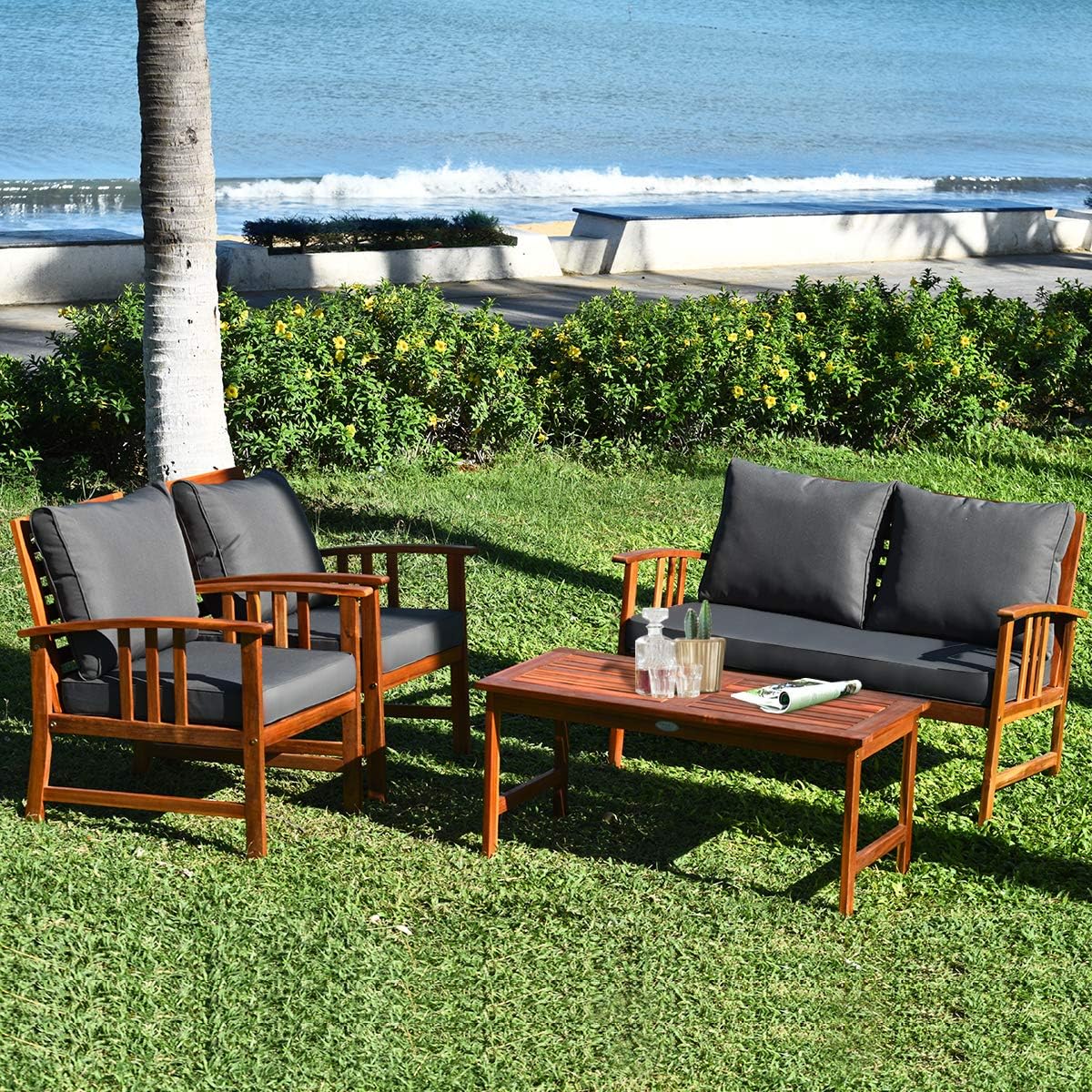 Tangkula 4 Pieces Acacia Wood Patio Furniture Set, Outdoor Seating Chat Set with Gray Cushions & Back Pillow, Conversation Set with Coffee Table, Ideal for Garden, Backyard, Poolside