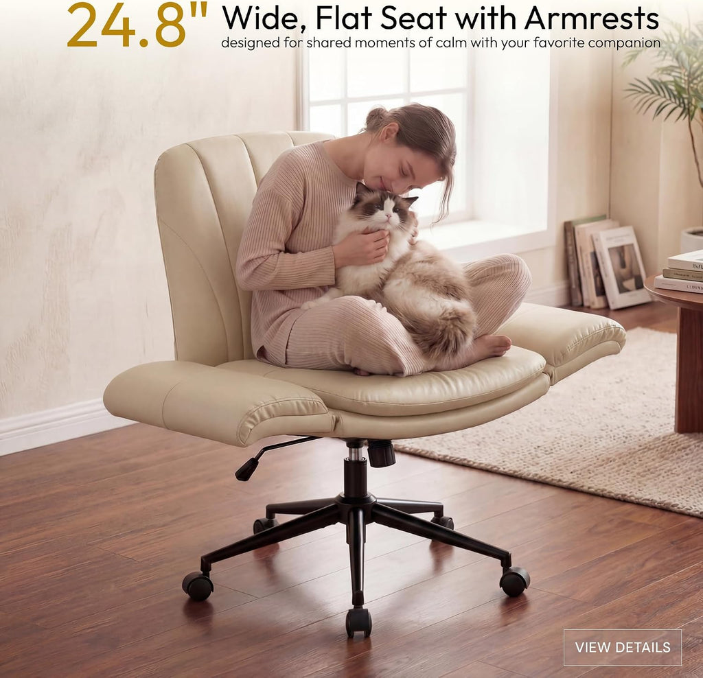 Dowinx Criss Cross Chair with Five-Level Adjustable Arms and Wheels - Comfortable Ergonomic PU Leather Swivel Vanity Chair - Computer Makeup Gaming Chair for Home Office, Bedroom, Vanity Room (Khaki)